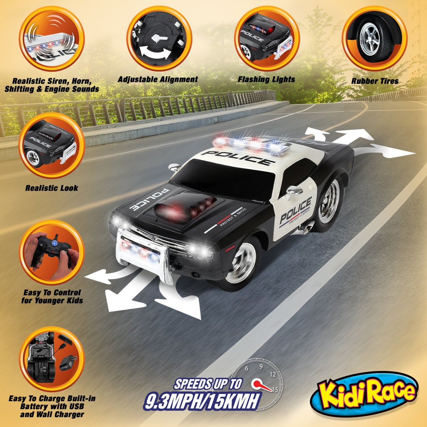 Kidirace Rechargeable Police Car Remote Control Toy for Kids, Hobby Rc Cars Toys, Lights & Siren, Birthday Gift Ideas for Boy Age 8-12 Years, Gifts for Boys & Girls Ages 3 4 5 6-8 9 10 11 12 Year Old