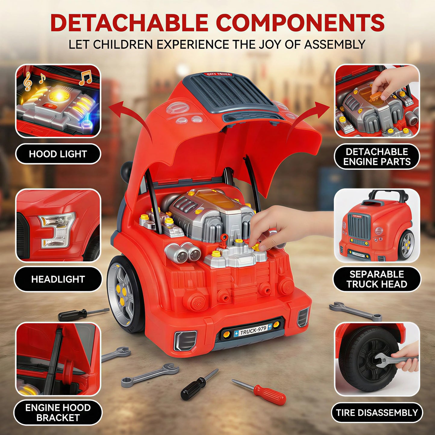 Interactive Truck Engine Toy with Removable Parts - Lights, Sounds, and Fun for Young Mechanics -Unleash their Creativity and Motor Skills with this Truck Engine Toy- Ideal Gift for 3-5-Year-Old Boys