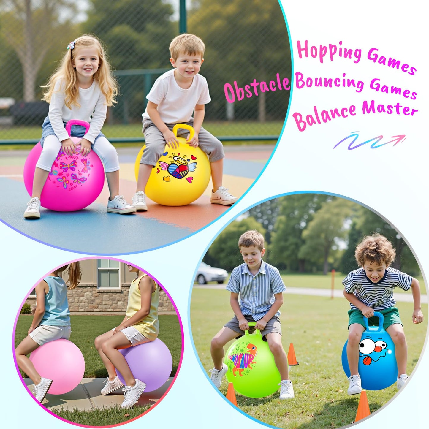 ZOOJOY 6pcs Hopper Balls for Kids 3-8, 18In Bouncy Ball with Handle, Sit on Hopping Toys for Sport/School/Team Active Play, Hippity Hop Ball for Indoor Outdoor Games with Pump