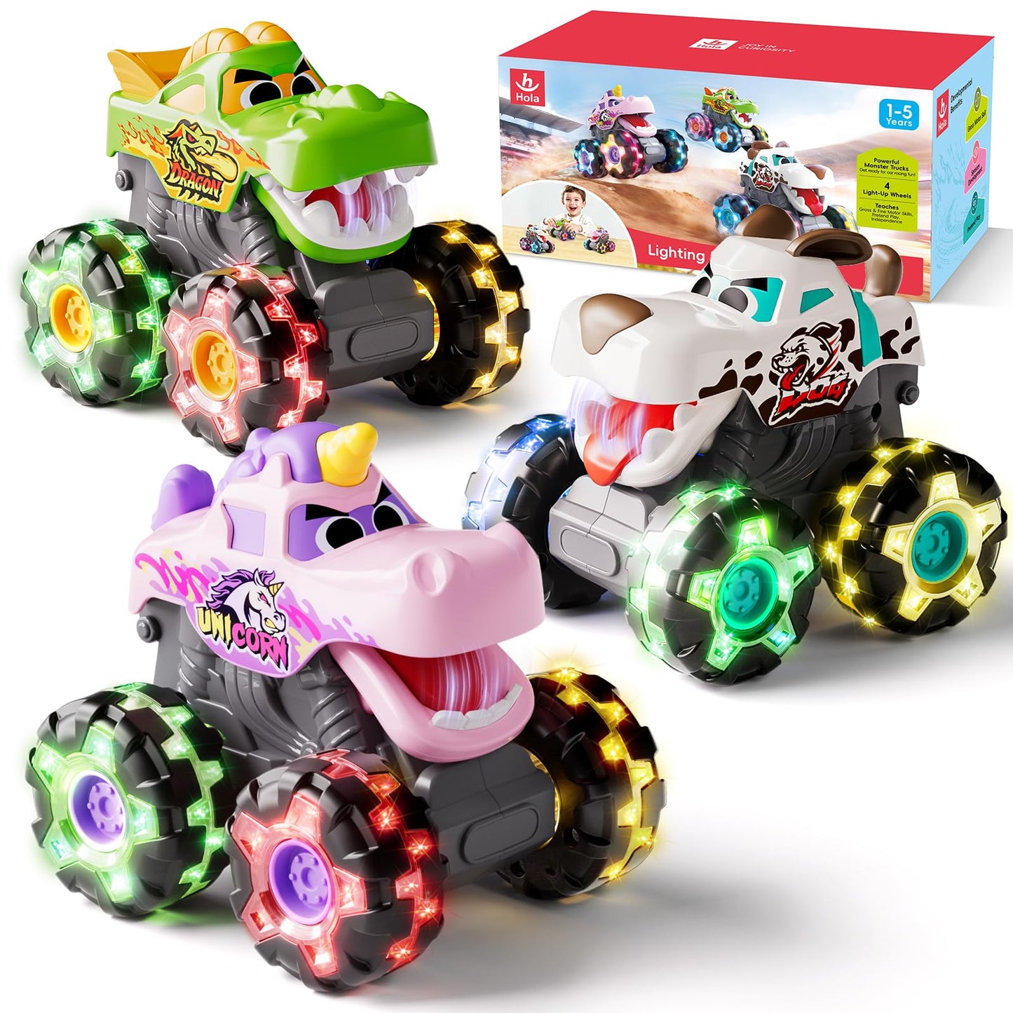HOLA 3 Pack Monster Truck Toys, Push & Go Friction-Powered Light Up Cars with Color Changing LED Wheels for Kids Toddlers 1-5, Toys for 1 2 3 4 5 Years Old Boys Girls Christmas Birthady Gifts