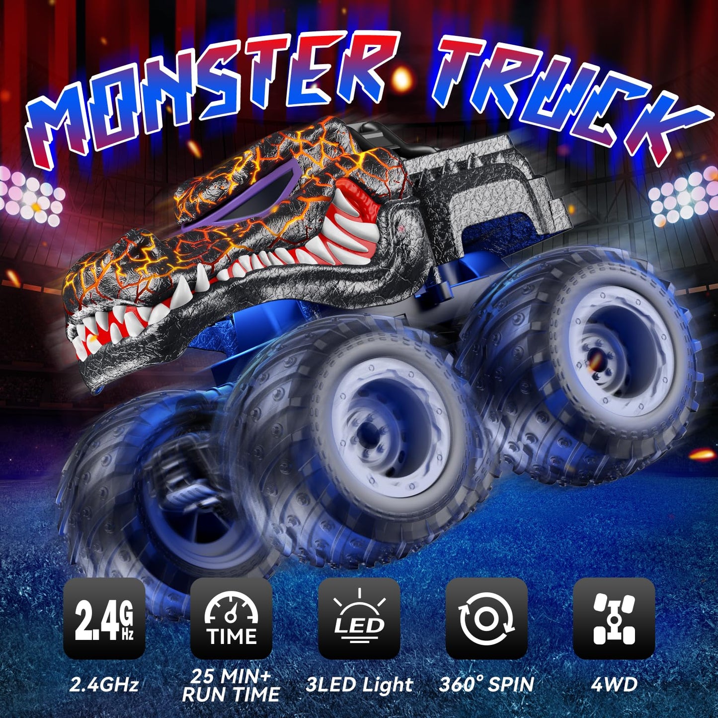 AUUGUU Remote Control Car, 2.4GHz Monster Trucks Toys with Light Spray, Birthday Gift for Kids 3 4 5 6 7 8, All Terrain RC Cars, Toddler Toys for Boys Girls 3+ Year Old (Crocodile)