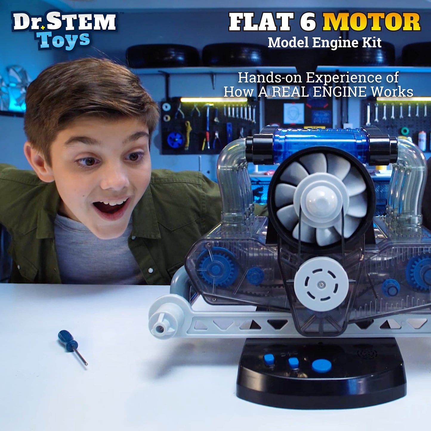 Dr. STEM Toys Model Engine Kit for Boys & Girls Ages 12+, Realistic Replica Flat 6 Motor Has Over 320 Parts, Real Motorized Action, LED Lights & Sound Effects, Comes with Detailed Directions