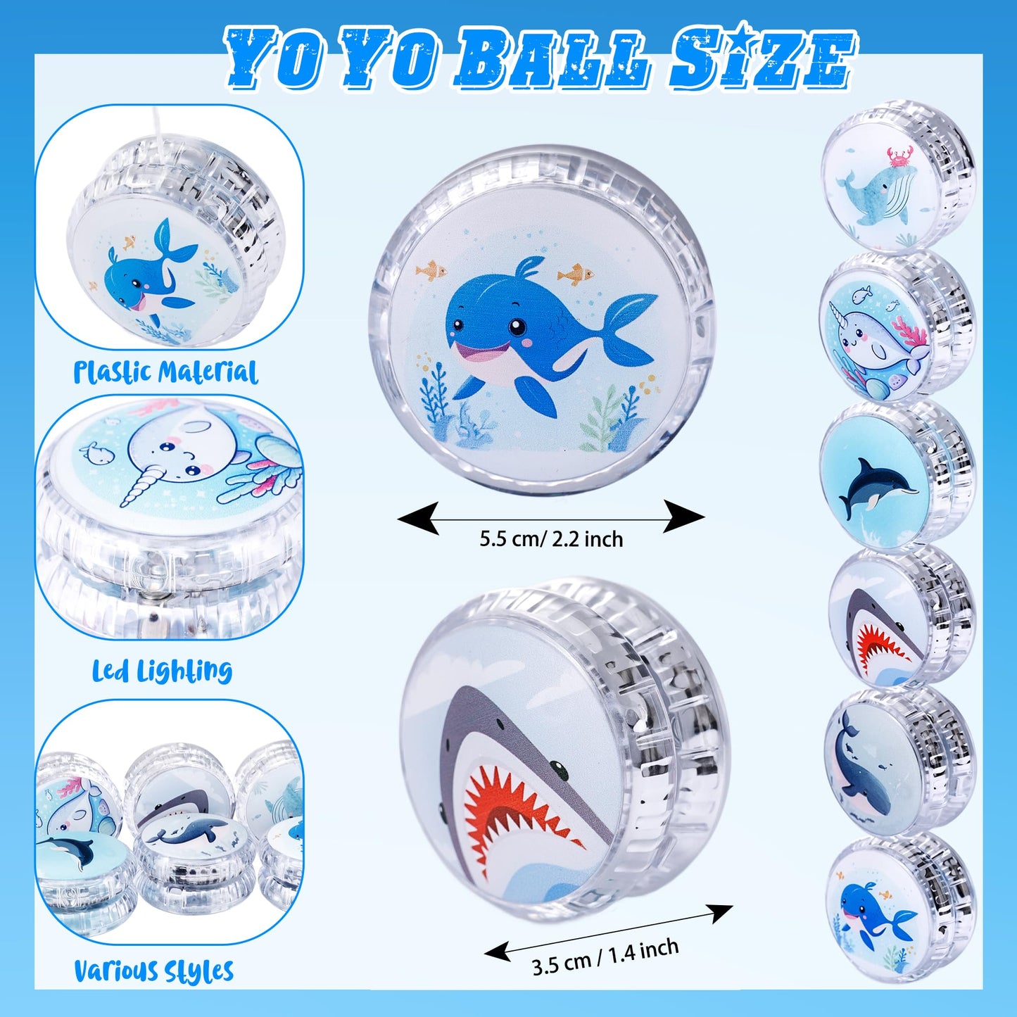 24 Pack Light Up Yo Yos Toys LED Glowing Responsive Ball with Whale Dolphin Shark Narwhal Ocean Animals Pattern for Classroom Rewards Goodie Bag Fillers Birthday Party Favors