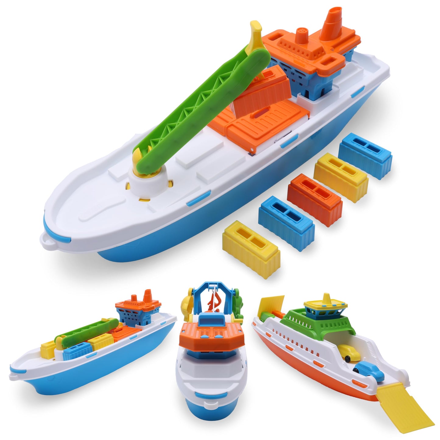 Toyland® 41cm (16") Colourful Cargo Ship with Moveable Doors, Crane & 6 Plastic Containers - Kids Floating Water Toy - Pool & Bathtime Toys - 3 Years+