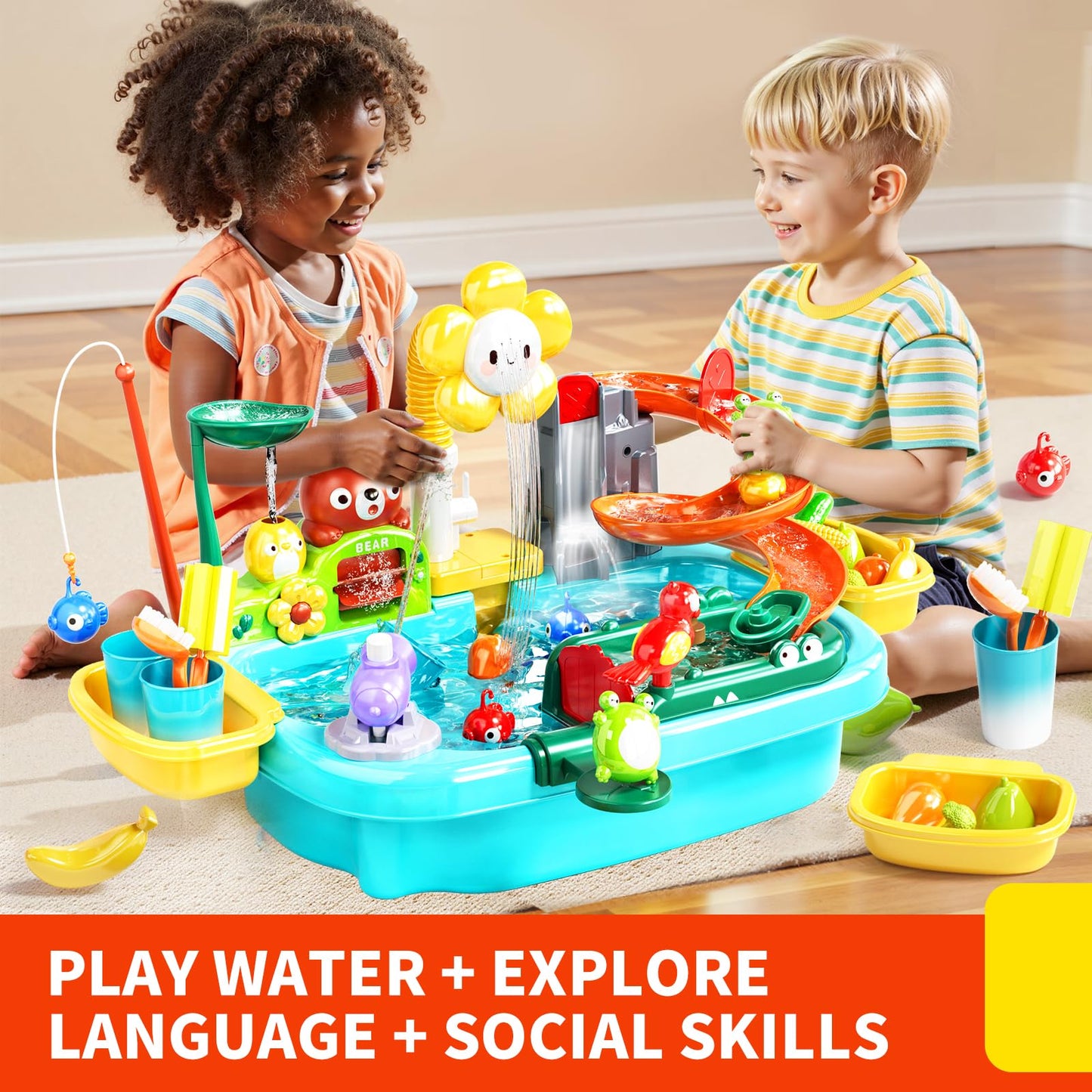 Pupu Pig Water Table Play Sink Toys for Toddlers, Kids Play Kitchen Sink with Running Water, 360° Electric Faucet, Floating Fishing Game, Sensory Water Table Toys for Boys Girls Summer Gifts