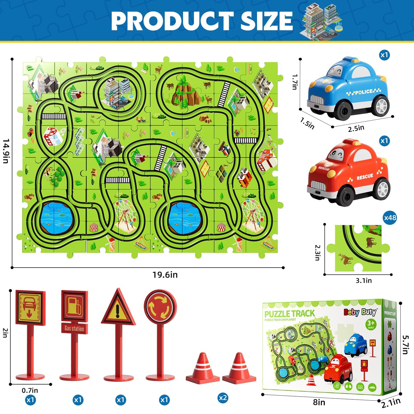 Beby Buty 48PCS Puzzle Race Track Car Set for Toddlers Kids Boys, Toddler Toys Birthday Gifts for 3 4 5 6 Years Old Boys and Girls, Floor Puzzle Tracks Car Toys for Ages 3-5 4-6