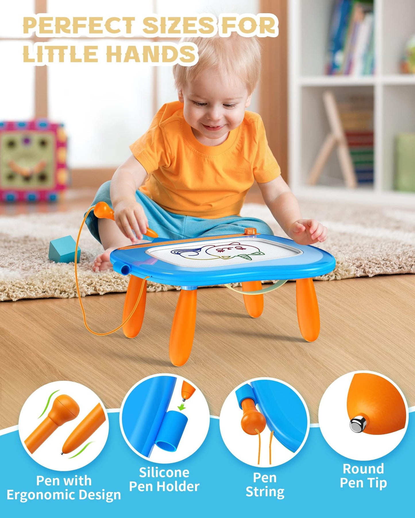 bravokids Magnetic Drawing Board for Kids with Sturdy Legs, Color Erasable Doodle Writing Pad for Toddler Boy Girls, Educational Preschool Learning Toys for 1 2 3 3 4 Years Old Birthday Gifts (Blue)