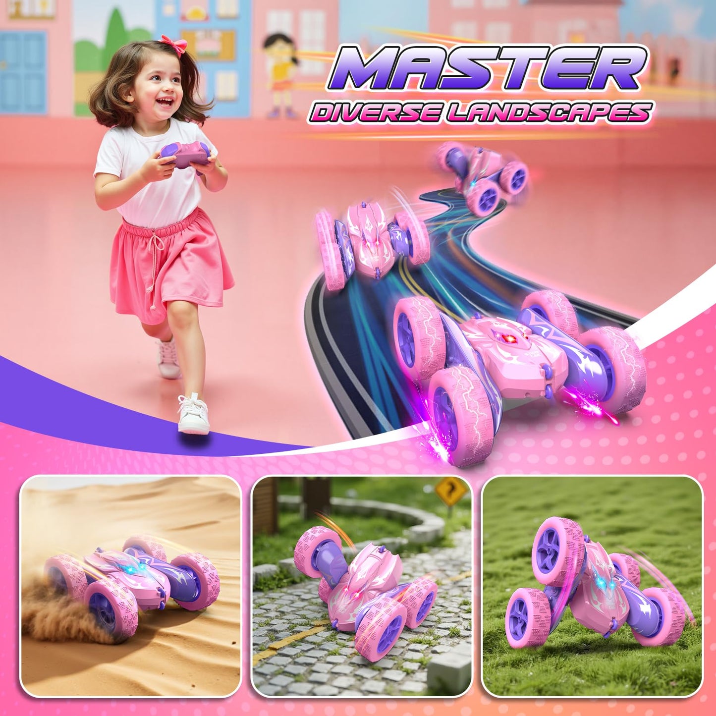 Excitobo Remote Control Car,RC Cars for 4 5 6 7 8 9 10 11 12 Year Old Girl Double Sided 360°Flip 4WD Rechargeable Drift RC Race Car Girls Toys Birthday Gifts Easter Basket Stuffers for Kids Age 4-12