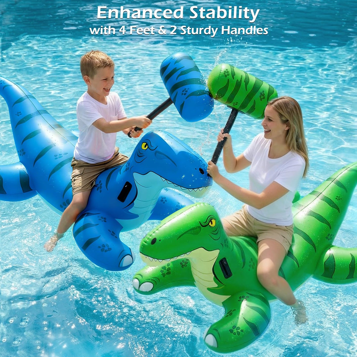 Jasonwell Pool Games Toys Floats -2Pack Inflatable Dinosaur Pool Floats with Blow Up Toy Hammers Ride on Pool Floaties for Kids Teens Adults Lounge Raft Summer Lake Beach Party Decorations (GN&BU XL)