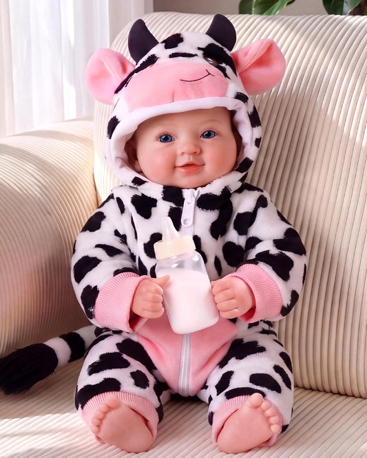 BABESIDE Baby Doll Girl - 17-Inch Soft Body Realistic Baby Doll with Blue Eyes and Cow Outfit Lightweight Real Life Baby Dolls for 3+ 4 5 6 7 8 9 Years Girl Birthday Gifts, Pretend Play and Christmas