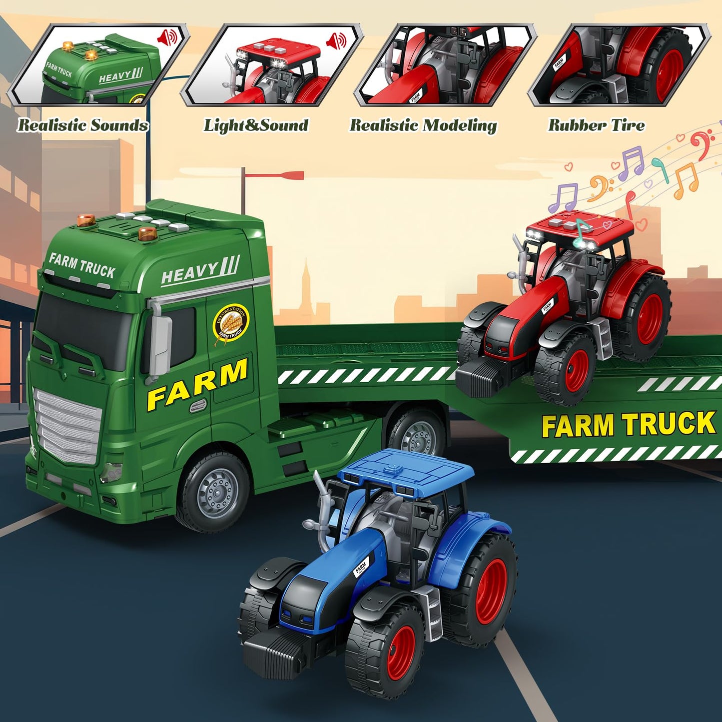 lonfypeng 3-in-1 Farm Truck Toys for Kids Ages 3-6 – 25.6 Inch Extra-Large Inertia Semi Trailer with Lights & Sounds, Detachable Tractor and Light & Sound Farm Vehicle