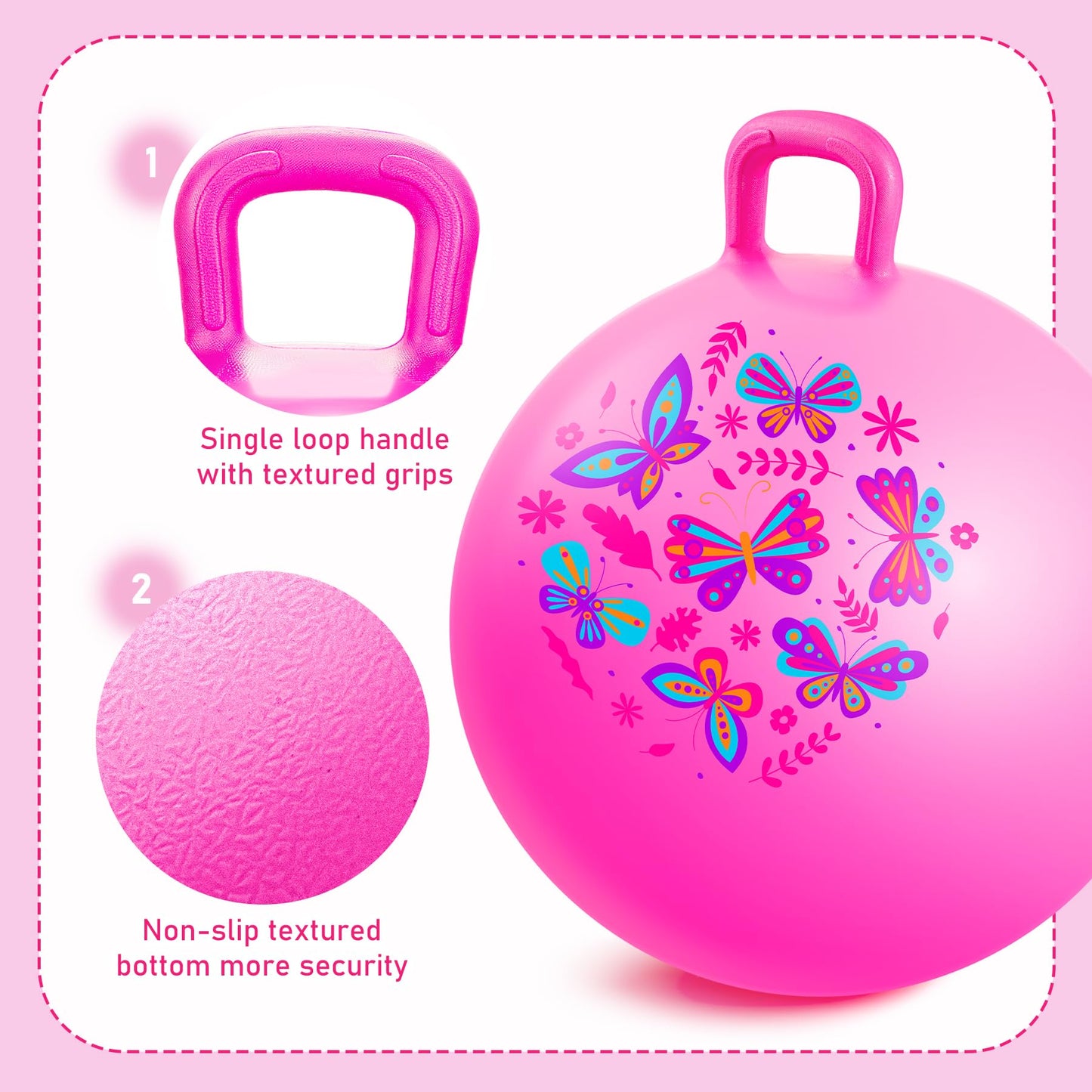 EVERICH TOY Hopper Ball, Pink Butterfly Hopping Toys for Kids, 18 Inch Bouncy Ball with Handle, Indoor Outdoor Inflatable Hoppity Hop Toy for Girls Boys Gift with Free Pump