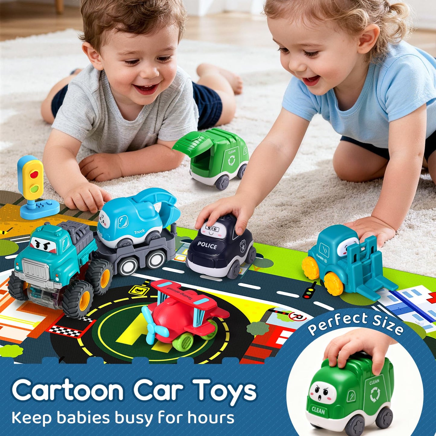 Big Cartoon Truck Car Toys for 1 Year Old Boy with Playmat/Storage Bag|Baby and Toddler Toys 12-18 Months & Age 1-2 with Trailor|1st Birthday Gift for 1 2 Year Old Boy