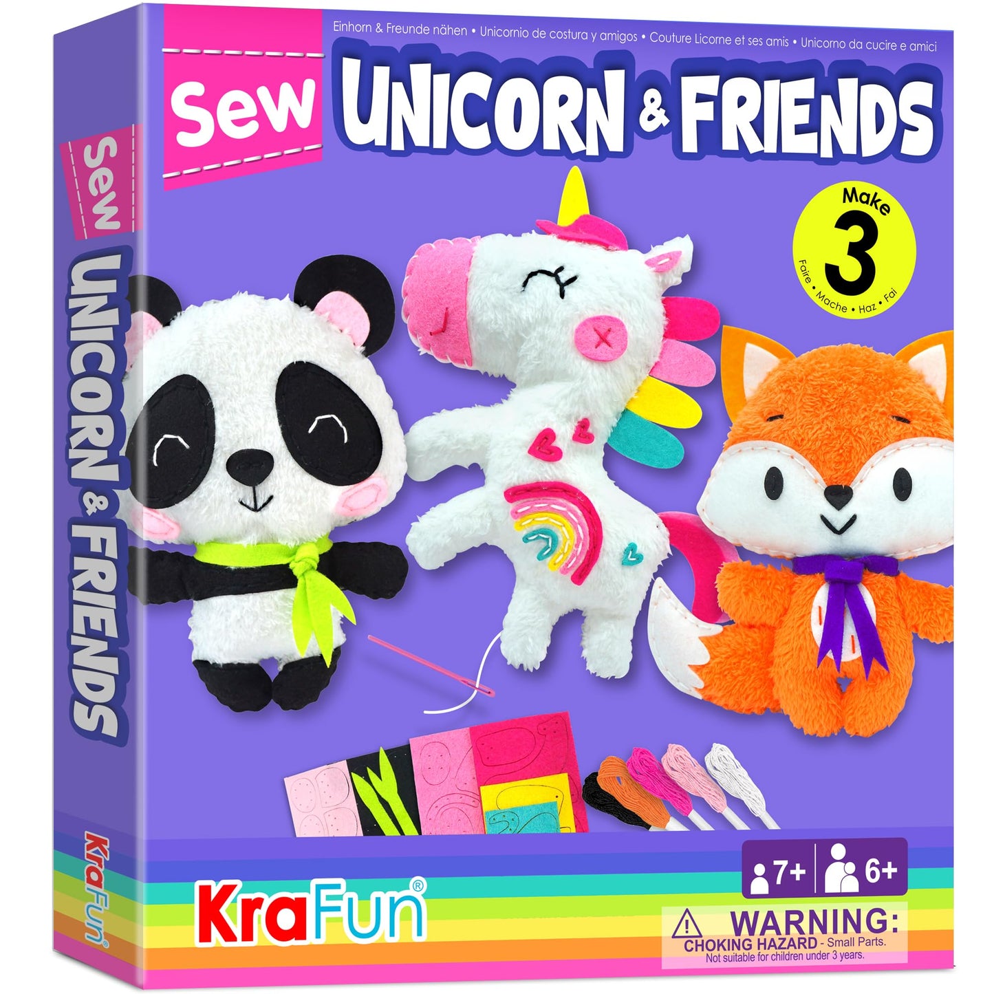 KRAFUN Unicorn Beginner Animal Sewing Kit for Kids Age 7-13 My First Art & Craft, Includes 3 Stuffed Animal Dolls Panda, Fox, Instructions & Plush Felt Materials for Learn to Sew, Embroidery