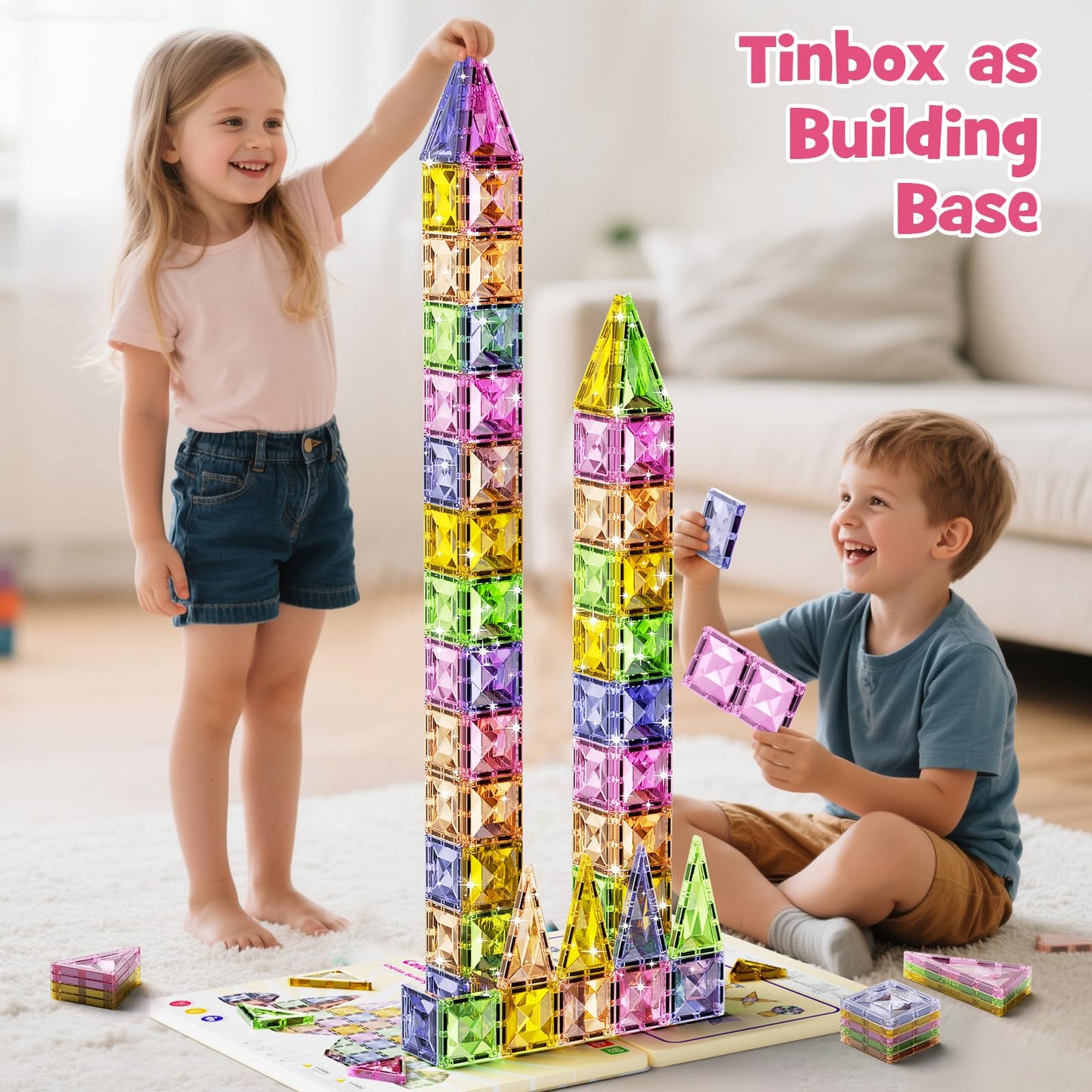 Magnetic Tiles for Kids Ages 4-8, Magnetic Blocks Travel Set with Diamond Surface & Metal Storage Box, 60PCS STEM Learning Toys, Educational Building Gifts for 3-8 Year Olds
