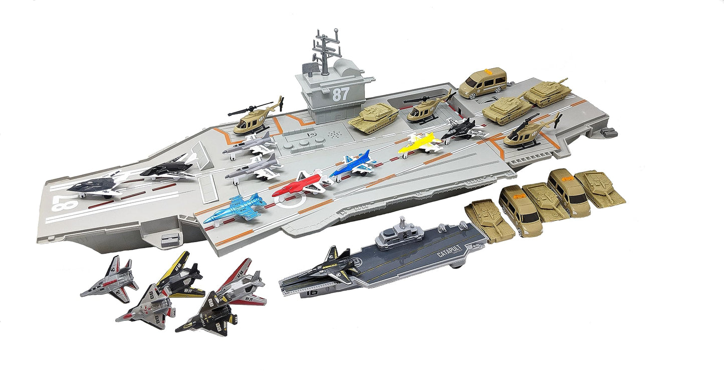 Large Aircraft Carrier Toy Small Catapult Aircraft Carrier Combo with Fighter Jets and 12 Military Vehicles