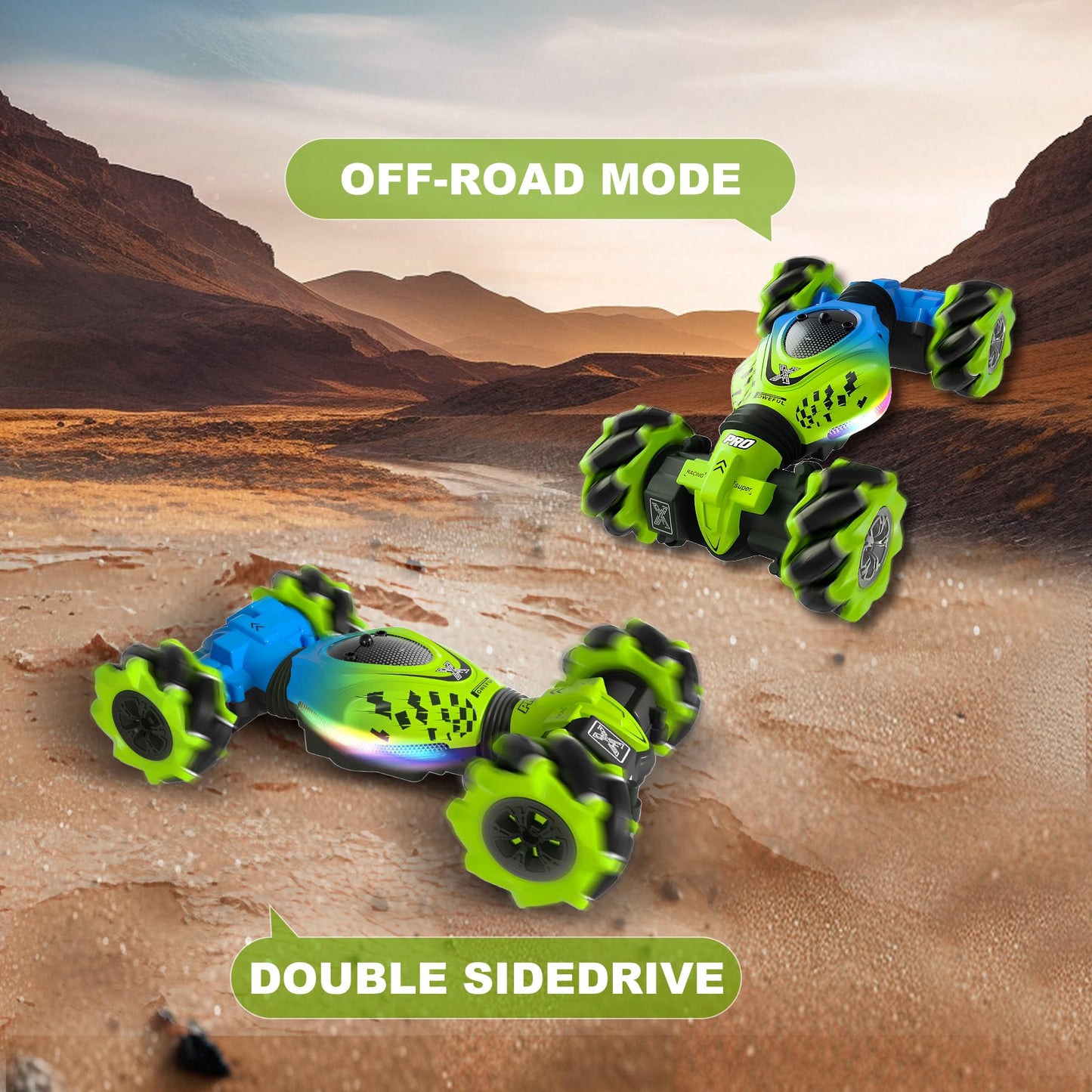 HOSHIPLAY Gesture RC Car Green, 1:24 4WD Transform Off-Road Stunt Car with Gesture & Remote Control, 360° Flips Drift Vehicle with LED Lights Music, All Terrain Toy Cars Gifts for Boys Girls Age 6-12