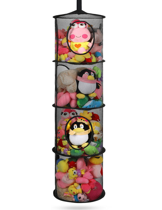 coastal rose Hanging Stuffed Animal Storage, Foldable Corner Stuffed Animal Storage Organizer 4 Compartments Toy Storage Organizer for Kid Room Toys, Gloves,Hats,Socks Storage（Black）