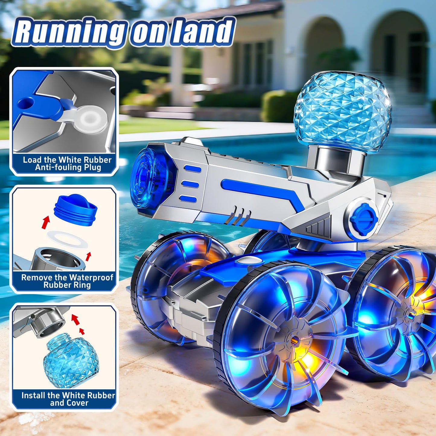 Novaluki Amphibious Remote Control Car, RC Stunt Car with Water Gun and Lights, Waterproof RC Boat Pool Toys for Kids Ages 4-8, Birthday for Boys Girls 8-12 Years Old