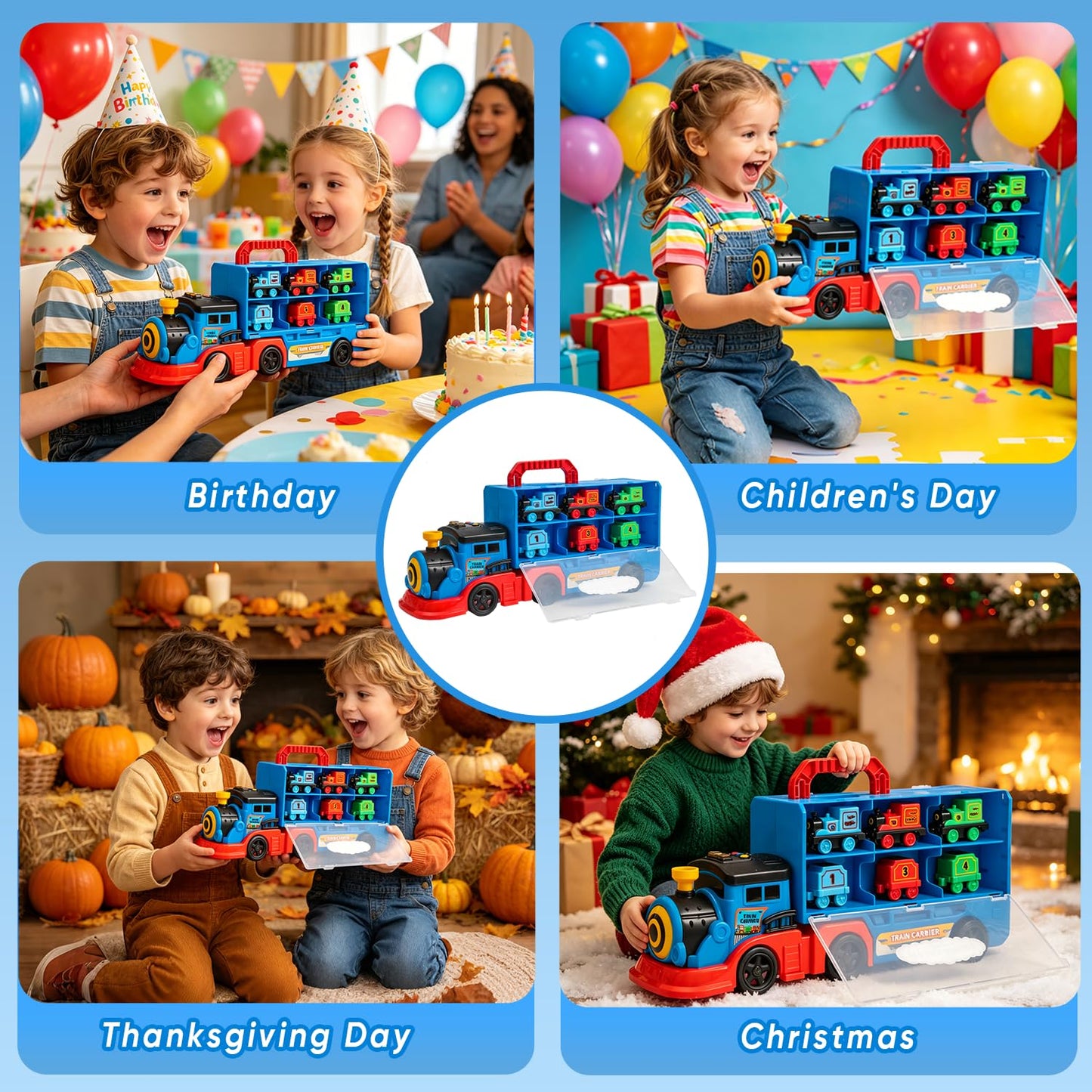 Trucks Toys for Kid 1-3, Transport Truck Car Set with Light and Sound, 1 Transport Toy Trucks, 6 Magnetic Trains, Birthday Gifts for Kids Boys Girls Age 3 4 5+.