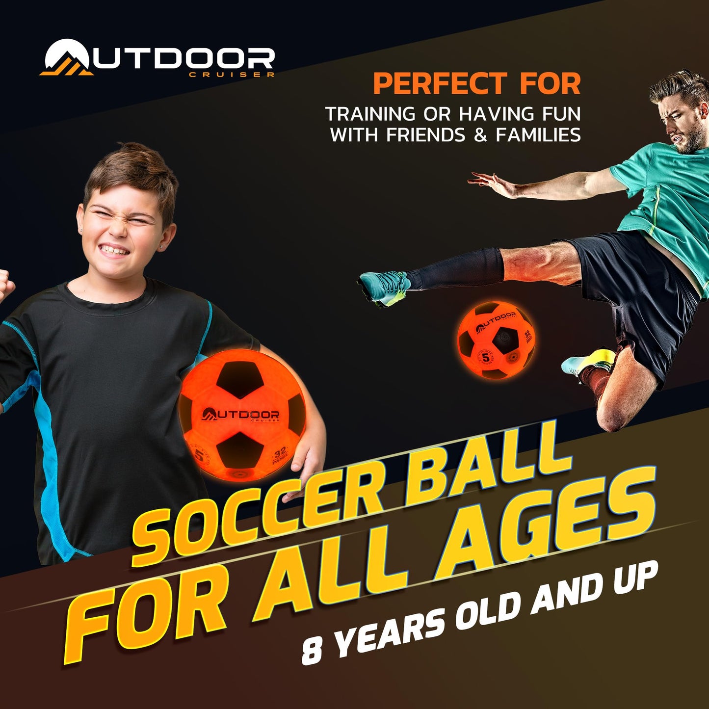 Outdoor Cruiser Light Up Soccer Ball - Waterproof Rubber Construction, Glow in the Dark, Glows Up to 30 Hours with Tap Activation, Complete Set with Pump & Spare Batteries, Official Size 5, Ages 8-15