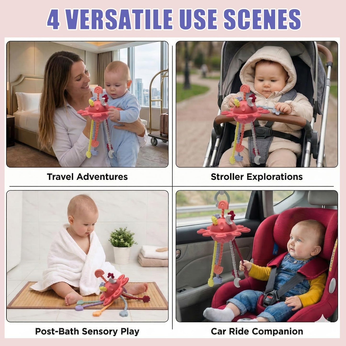 Silicone Baby Sensory Pull String Toy for 18+ Months, Montessori Toys for Toddlers, Sensory Activity Travel Toy for Airplane Car Seat Stroller, Fine Motor Skills Early Learning Gift (Peach Pink)