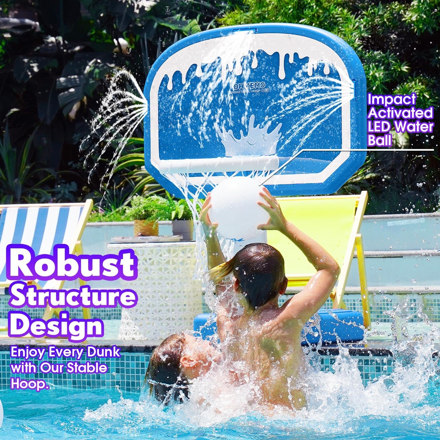 OHYEMO LED Pool Basketball Hoop with 3-Way Sprinkler, Oversized Pool Basketball Game Set with 14in LED Rim/2 Glow Balls/Water-Filled Base/Pump, Light Up Pool Games Toys for Teens Adults, Inground Pool