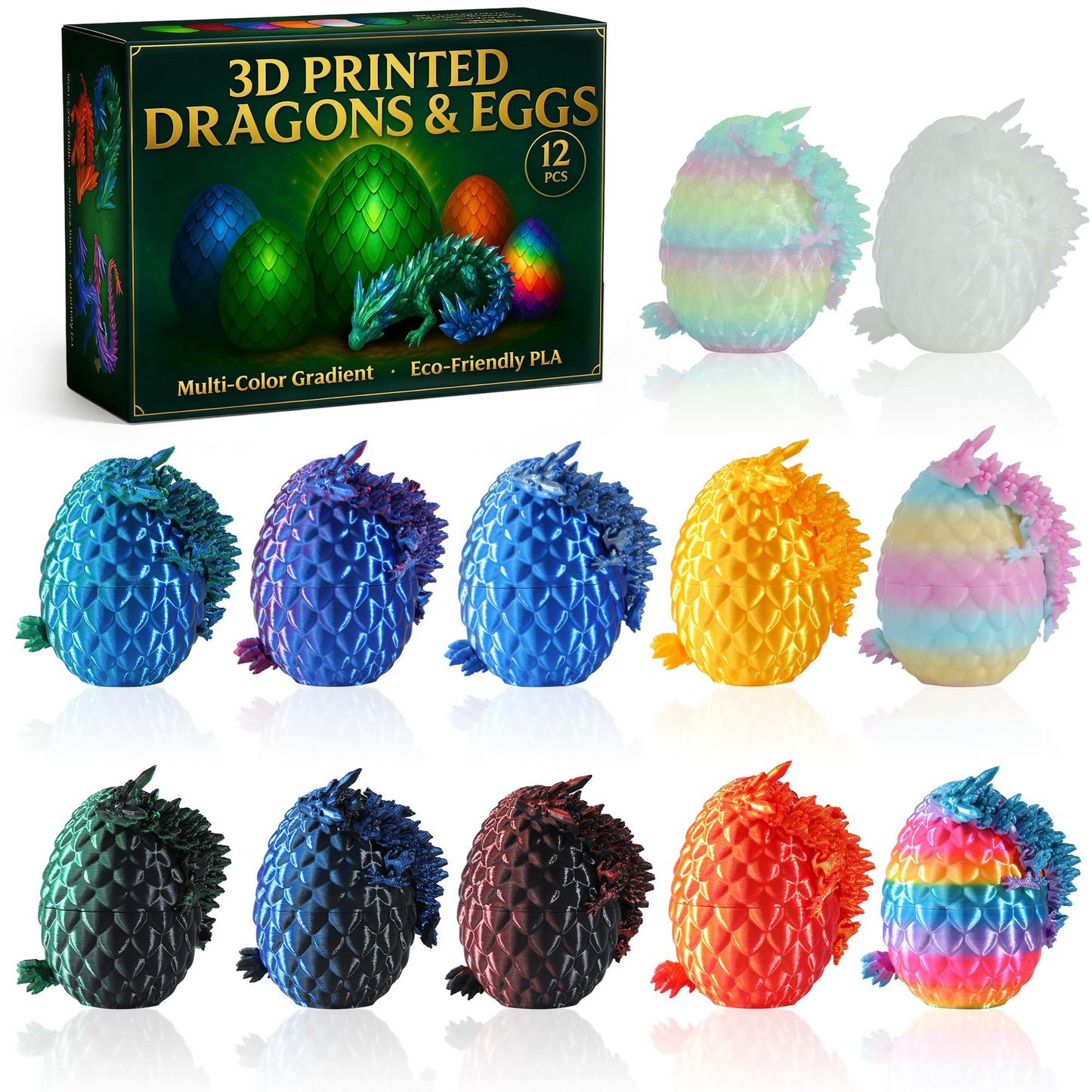 MiniMythos Toys 12 Pack 3D Printed Dragon Eggs with Dragons Inside, Mini Articulated Crystal Dragon Figures, Dragon in Egg Collectible Set, Desk Decor Display, Gift-Ready Box
