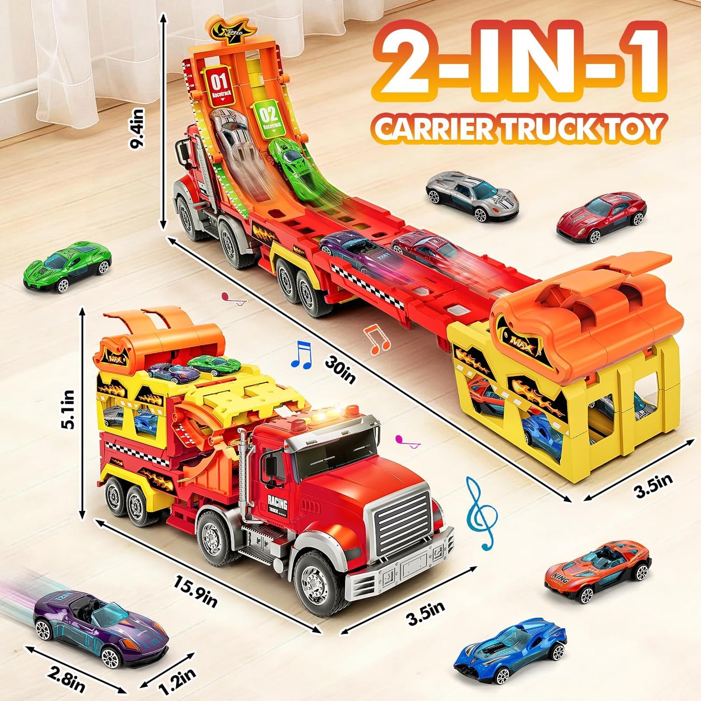 Truck Car Toys for 3, 4, 5, 6, 7, 8 Years Old Kids, Carrier Truck Race Track Toys, Foldable Transport Car Toys with Foldable Race Tracks and 6 Metal Cars, Birthday Gifts for Toddler Boys Girls (Red)