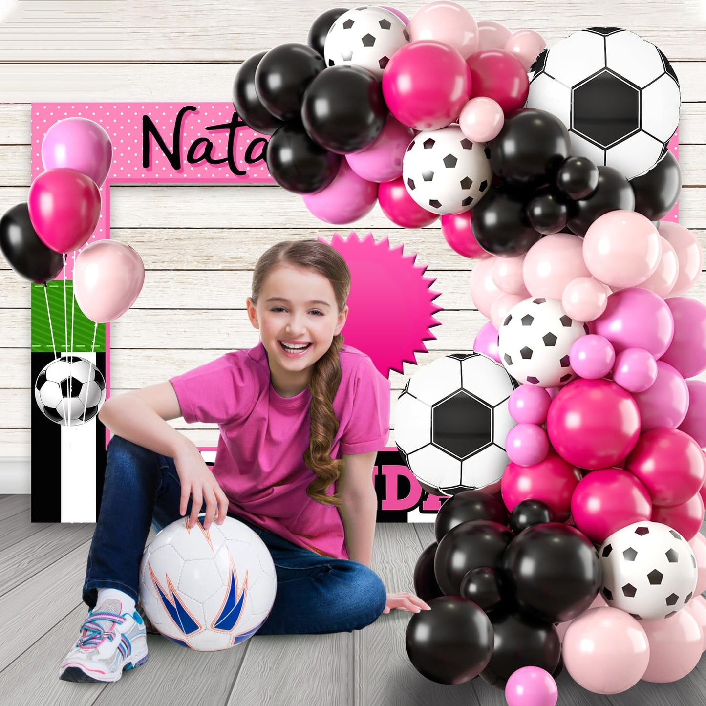 Soccer Party Balloon Garland Arch Kit, Black Hot Pink Decorations With Foil Balloon for Women Girls Kids Birthday Sports Theme, Football Party Decor Supplies