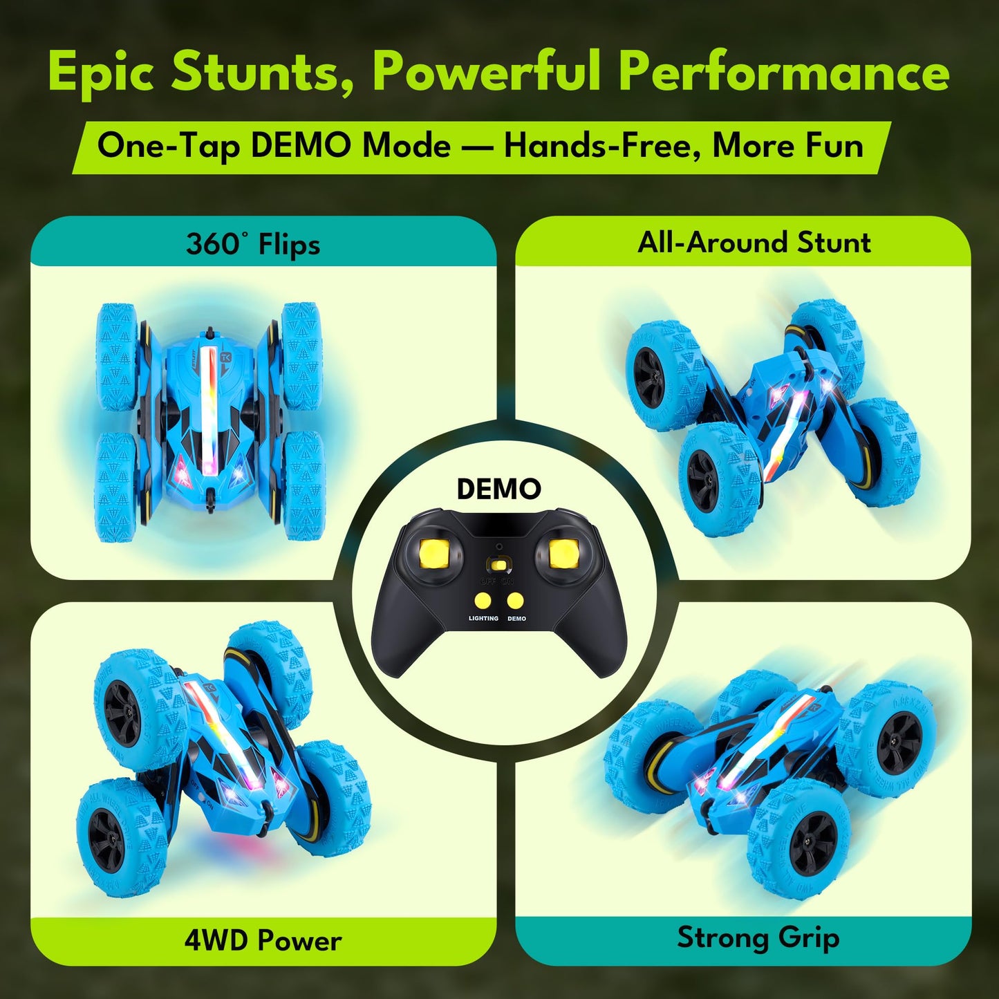 Threeking RC Stunt Car Remote Control Cars with Quick-Swap Modular Battery, 5 Upgrades: Safety, Durability, Auto Demo, Eye-Safe LEDs, Type-C Charging, Toys Presents Gifts for Boys Girls Kids Ages 6-12