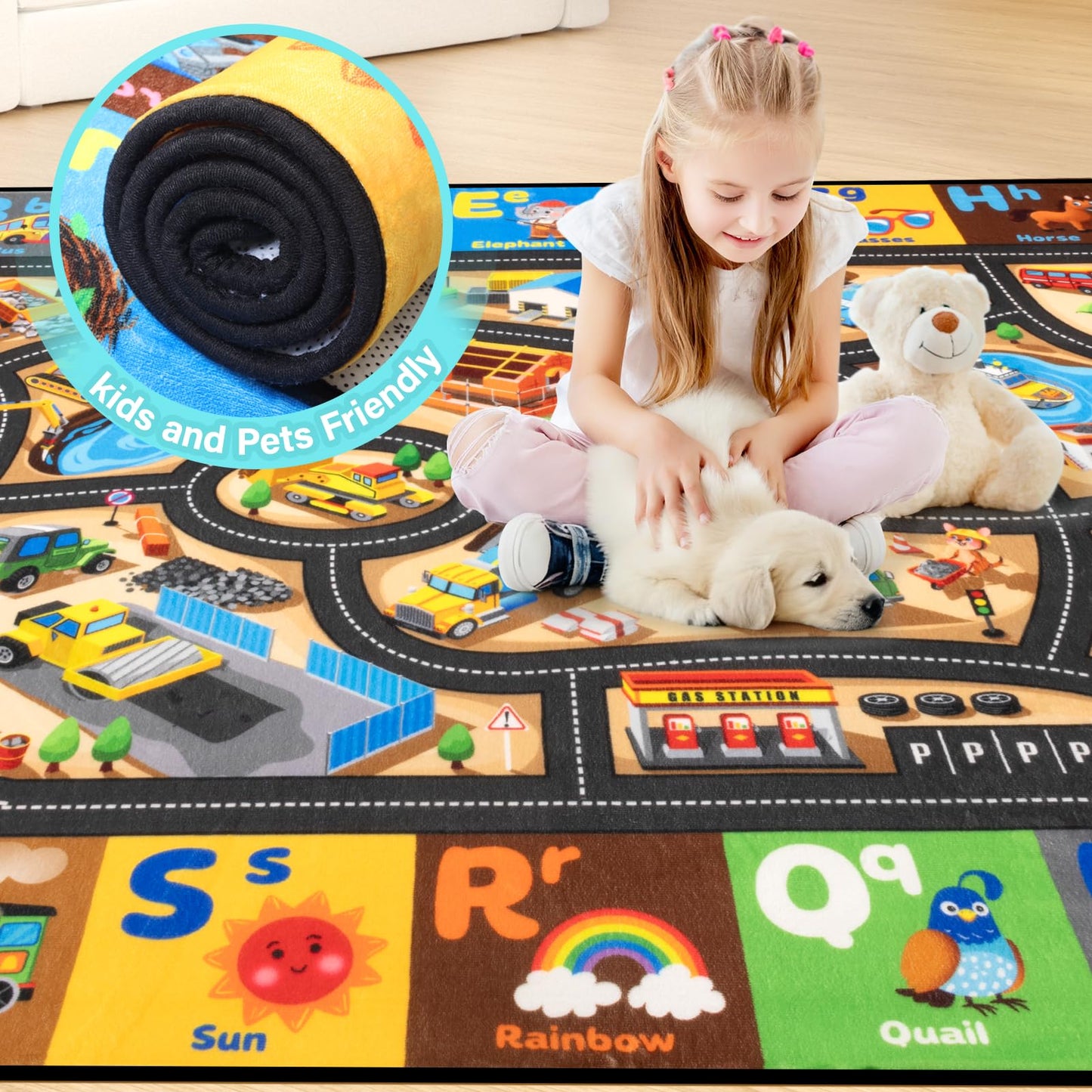 Diysani Construction Site Play Rug 6x9FT Car Rug for Kids Toy Cars Non-Slip Car Carpet Baby Play Mat for Floor Washable ABC Alphabet Playroom Nursery Preschool Daycare Classroom Carpet