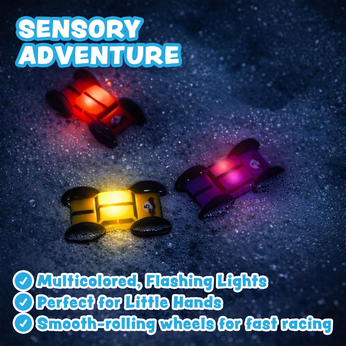 Tub Works® Splash Wheels™ Race Car Light Up Bath Toys, 3 Pack | Water-Activated Light Up Toys Flash & Change Color | Expansion Bath Cars for Bathtime Raceway Car Ramp | Fun Toddler & Kids Bath Toys