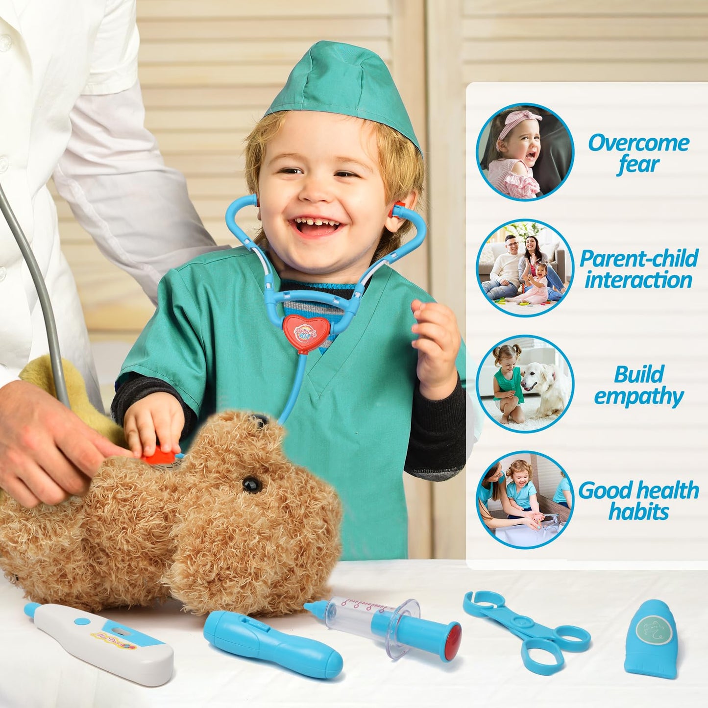 Liberry Doctor Kit for Toddlers 3 4 5 6 Years Old, 28 Pcs Kids Doctor Playset with Dog Toy, Stethoscope and Dress Up Costume, Pretend Play Medical Christmas Gift for Boys Girls (Blue)