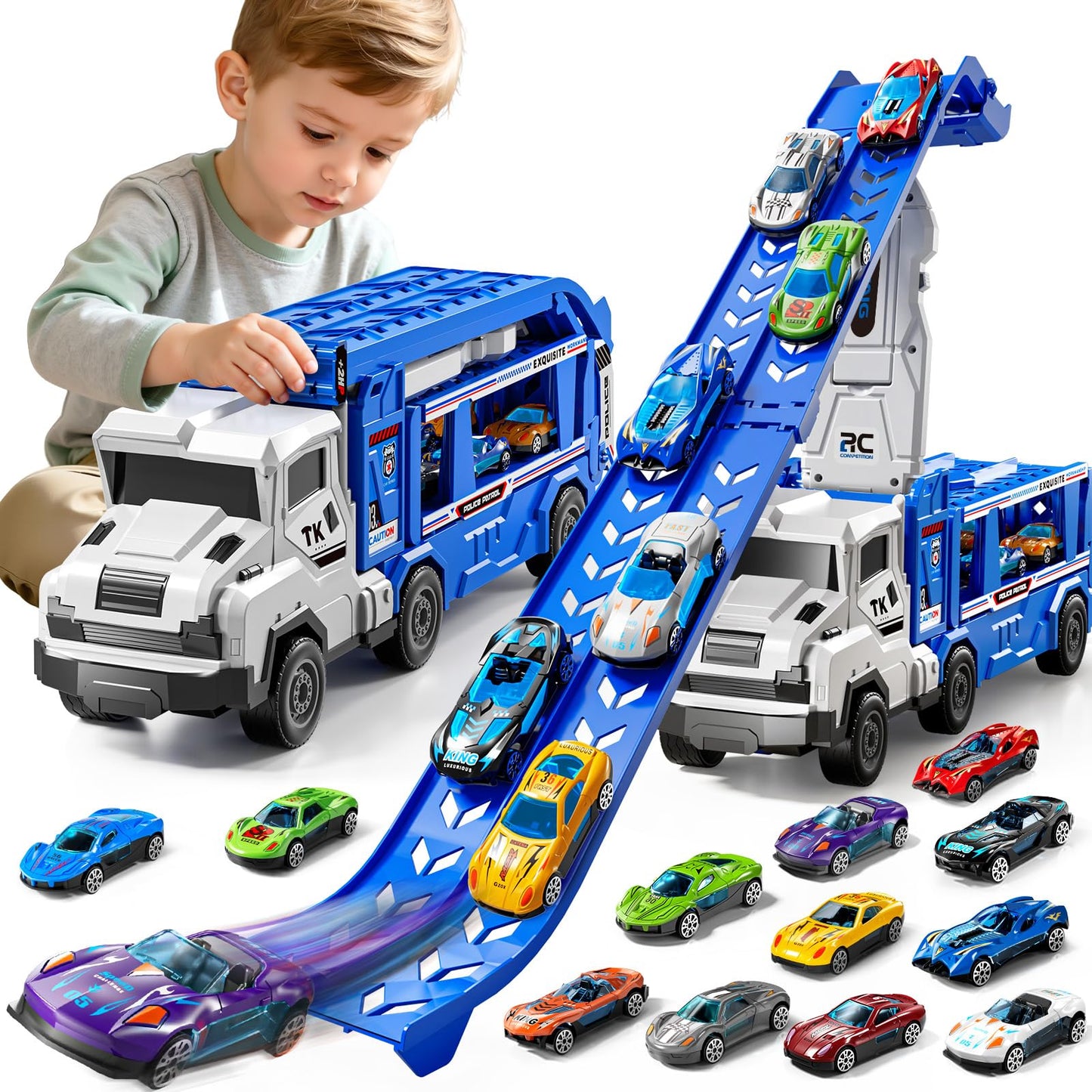 GOGIHCCH 3-in-1 Kids Carrier Truck Toy Car Tracks for Toddlers 2-4 Years Old with 12 Racing Cars Toys, Foldable Chasing Race Track and Car Garage, Car Ramps Birthday Gift for Boys Girls 3-5 4-8(Blue)