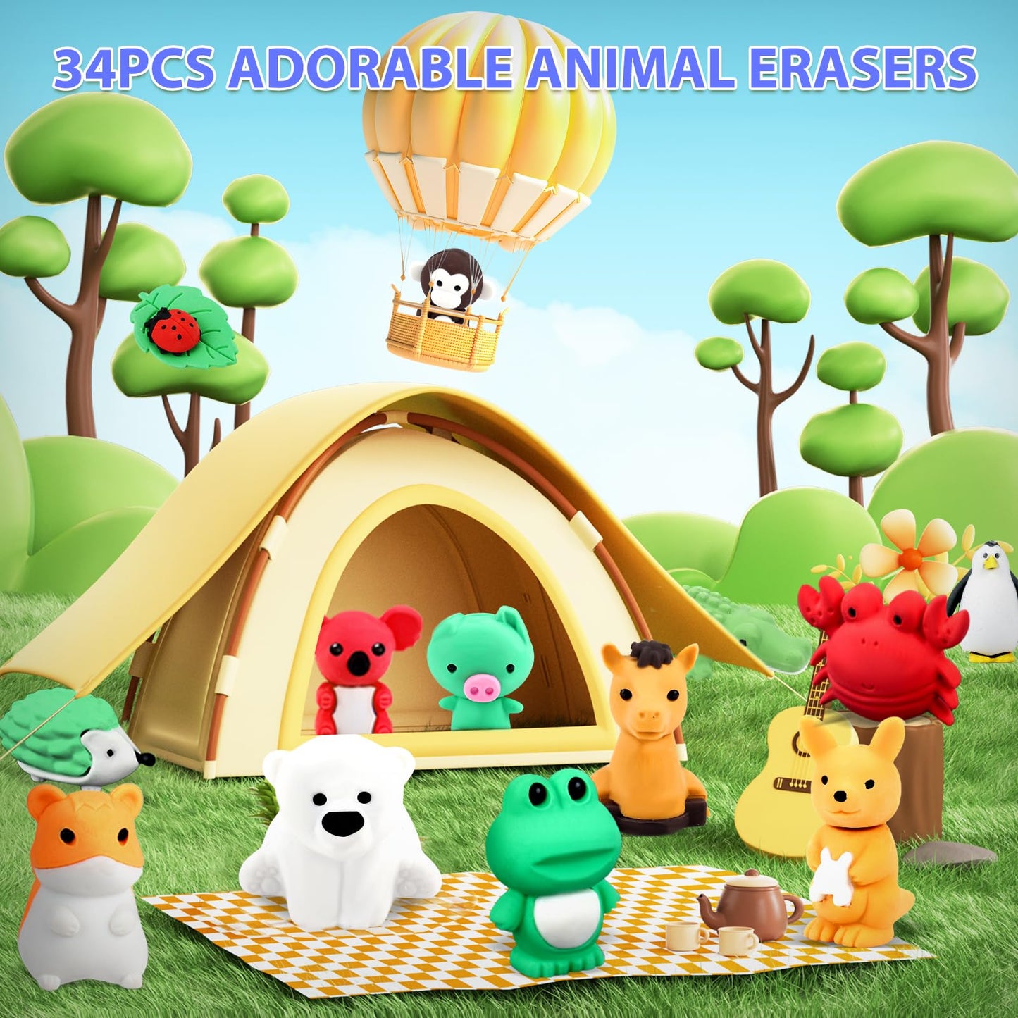 URSKYTOUS 34Pcs Animal Erasers Bulk Cute Desk Pets Kids Puzzle Erasers Take Apart Cool 3D Eraser Mini Pencil Eraser Fun Party Favors for School Supplies Classroom Rewards Easter Egg Fillers Gifts