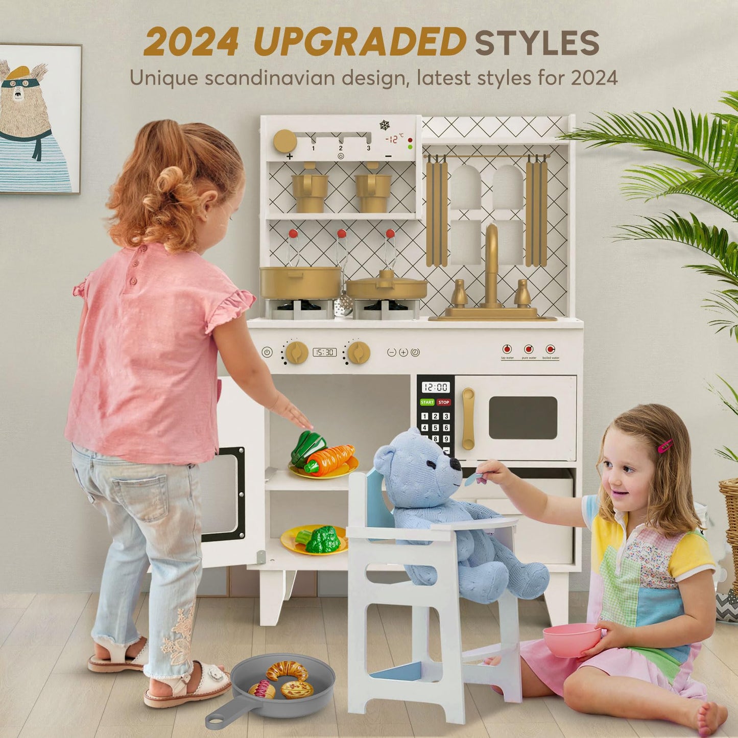 BIERUM Play Kitchen with Realistic Lights & Sounds, Wooden Kitchen Playset Chef Pretend Play Set for Toddlers, Toy Kitchen with 26 Pcs Toy Food & Cookware Accessories, Gift for Ages 3+
