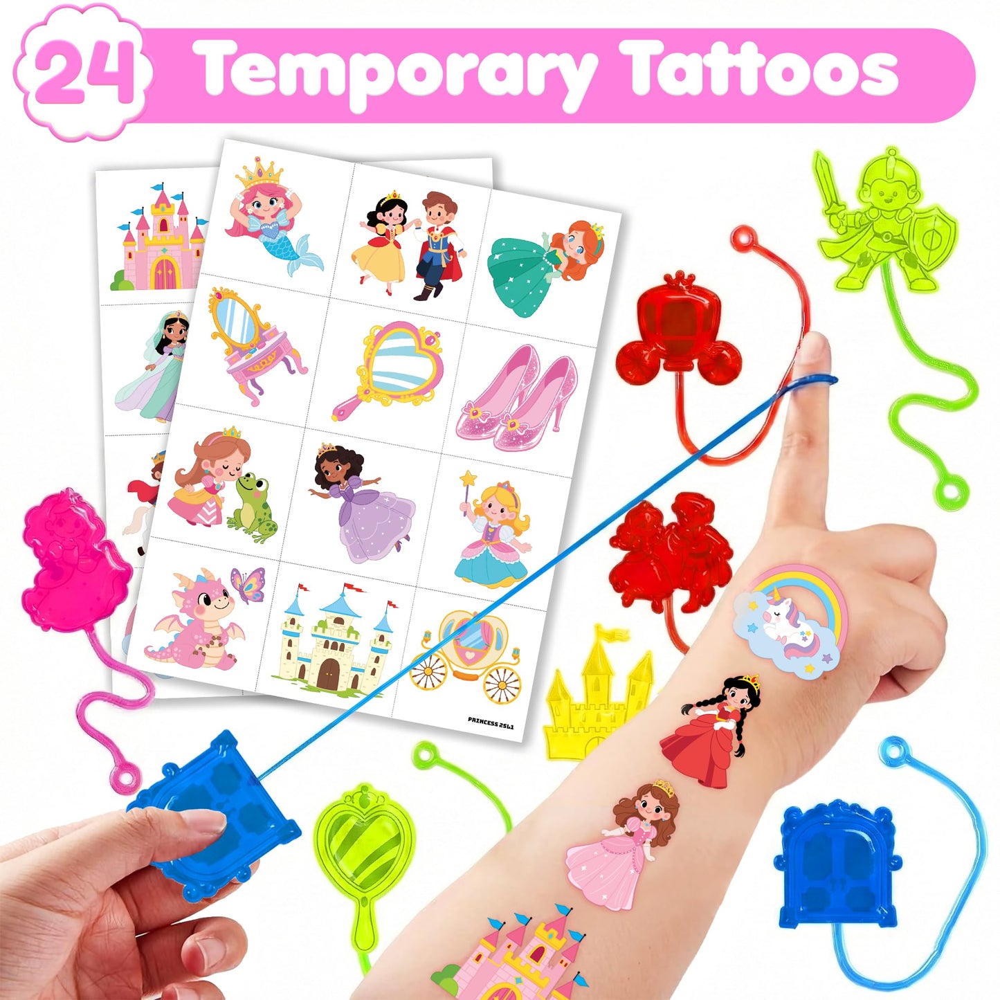 48PCS Princess Party Favors - 24PCS Temporary Tattoos & 24PCS Stick Hands Party - Perfect Birthday Party Supplies, Goodie Bag Stuffers, Treasure Box Toys, Classroom Prizes, and Student Gifts