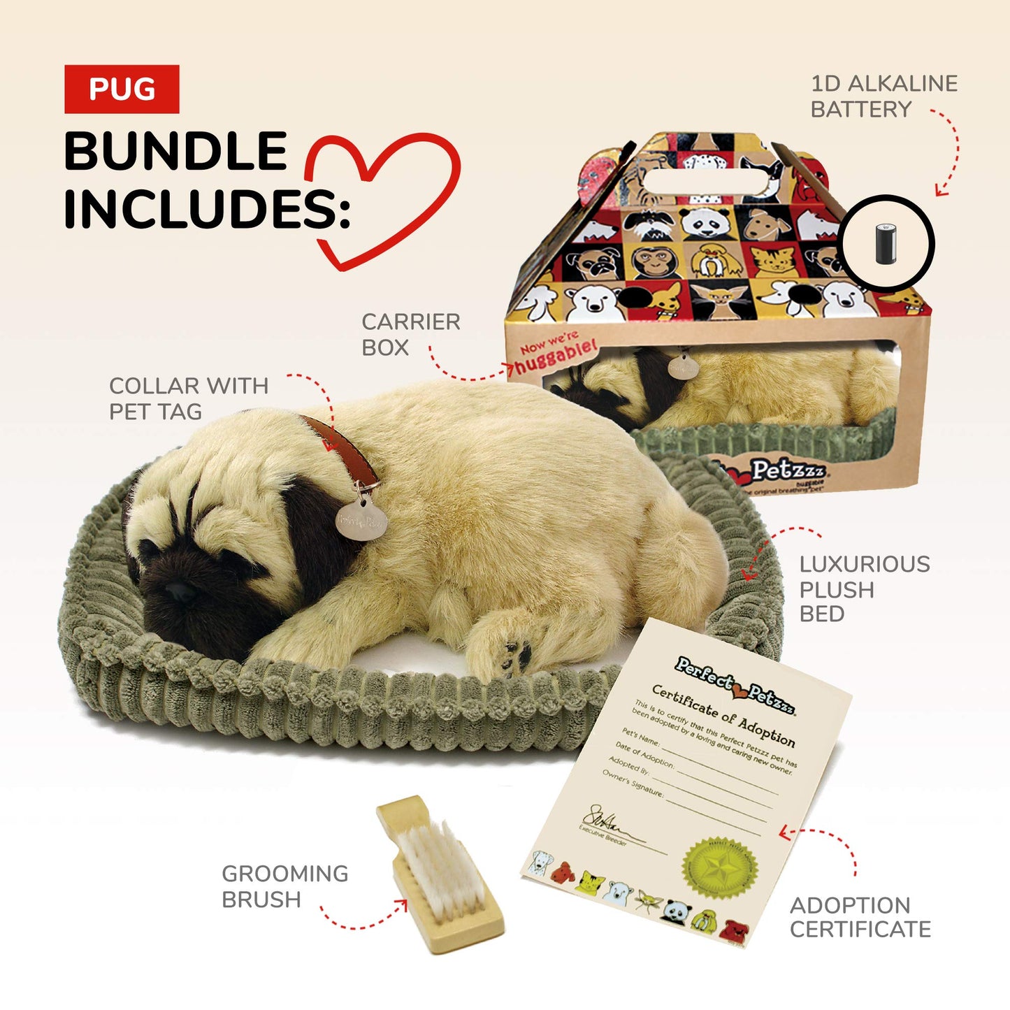 Perfect Petzzz Original Petzzz Huggable Pug Puppy, Realistic, Lifelike Stuffed Interactive Pet Toy, Companion Pet Dog with 100% Handcrafted Synthetic Fur
