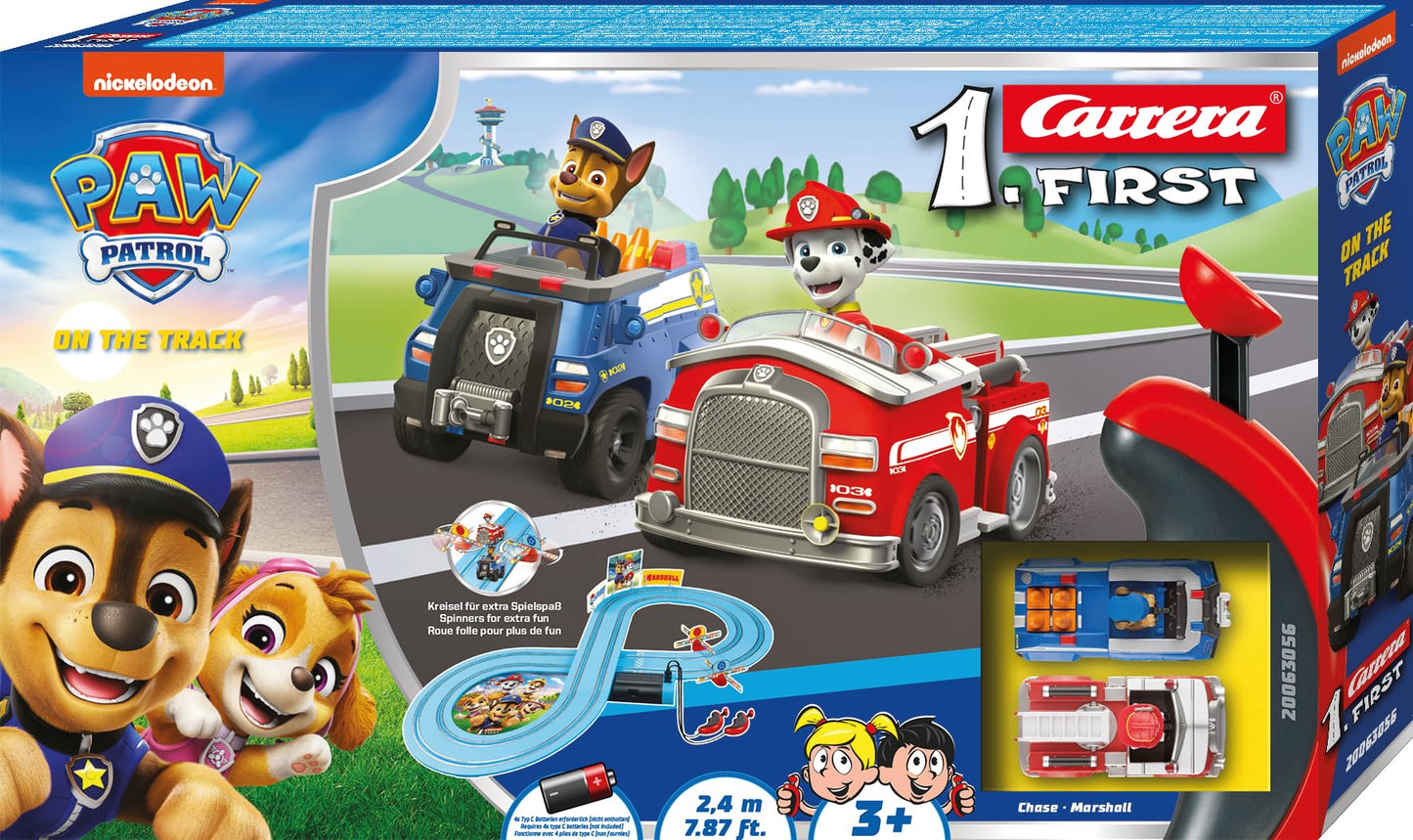 Carrera First PAW Patrol - On The Track Slot Car Race Track - Includes 2 Cars: Chase and Marshall - Battery-Powered Beginner Racing Set for Kids Ages 3 Years and Up