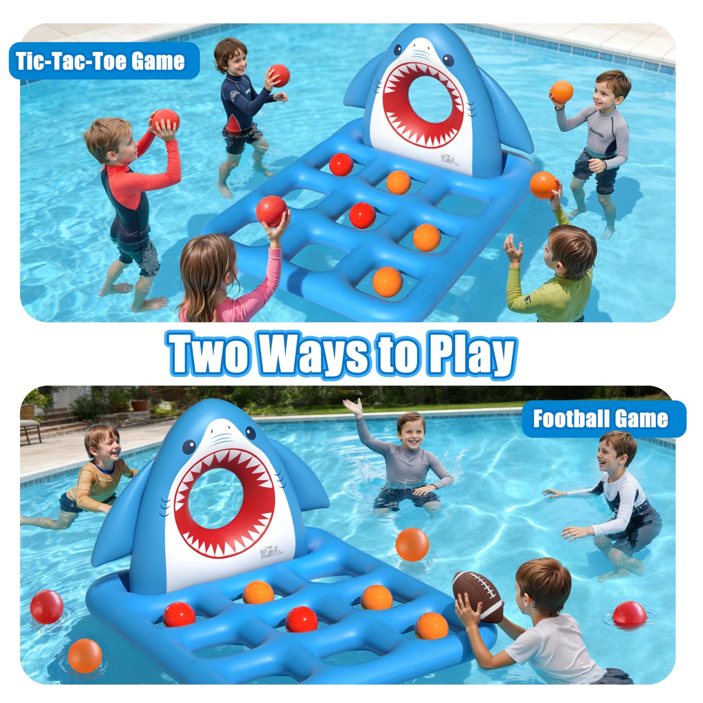JOSEN Inflatable Pool Toy Set, Fun 2-in-1 Shark Pool Water Games Floating, Giant Tic Tac Toe Game with 10 Balls & Football - Family Pool Party Swimming Toys for Kids Ages 6+ Adults Teens