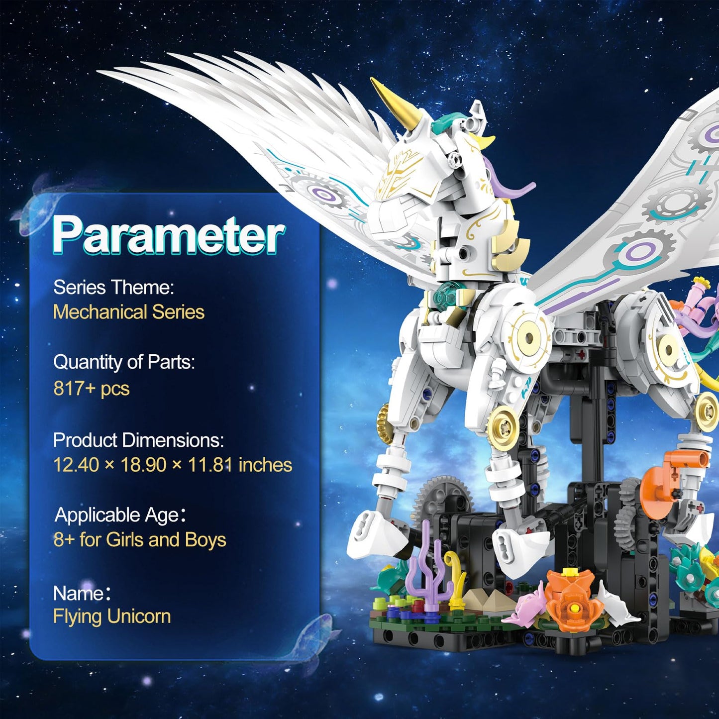 Gaitel Unicorn Building Blocks Set - STEM Toys for Girls & Boys Ages 8-14+, Crank-Powered Movement, Movable Wings & Legs, Flower Base, Birthday Gift for Kids & Adults, Home/Office Decor(817+Pieces)