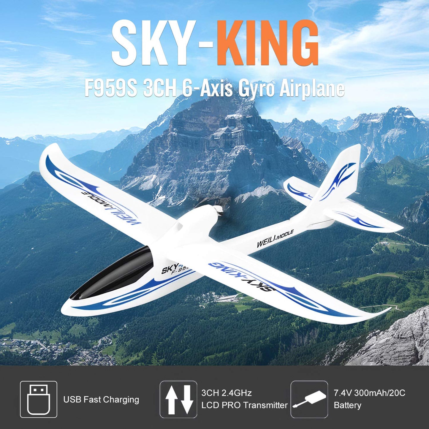 GoolRC WLtoys F959S RC Airplane, Sky-King 2.4G 3CH 6-Axis Gyro Remote Control Aircraft, Fixed-Wing Plane Glider for Adults or Teens, RTF Ready to Fly (Blue)