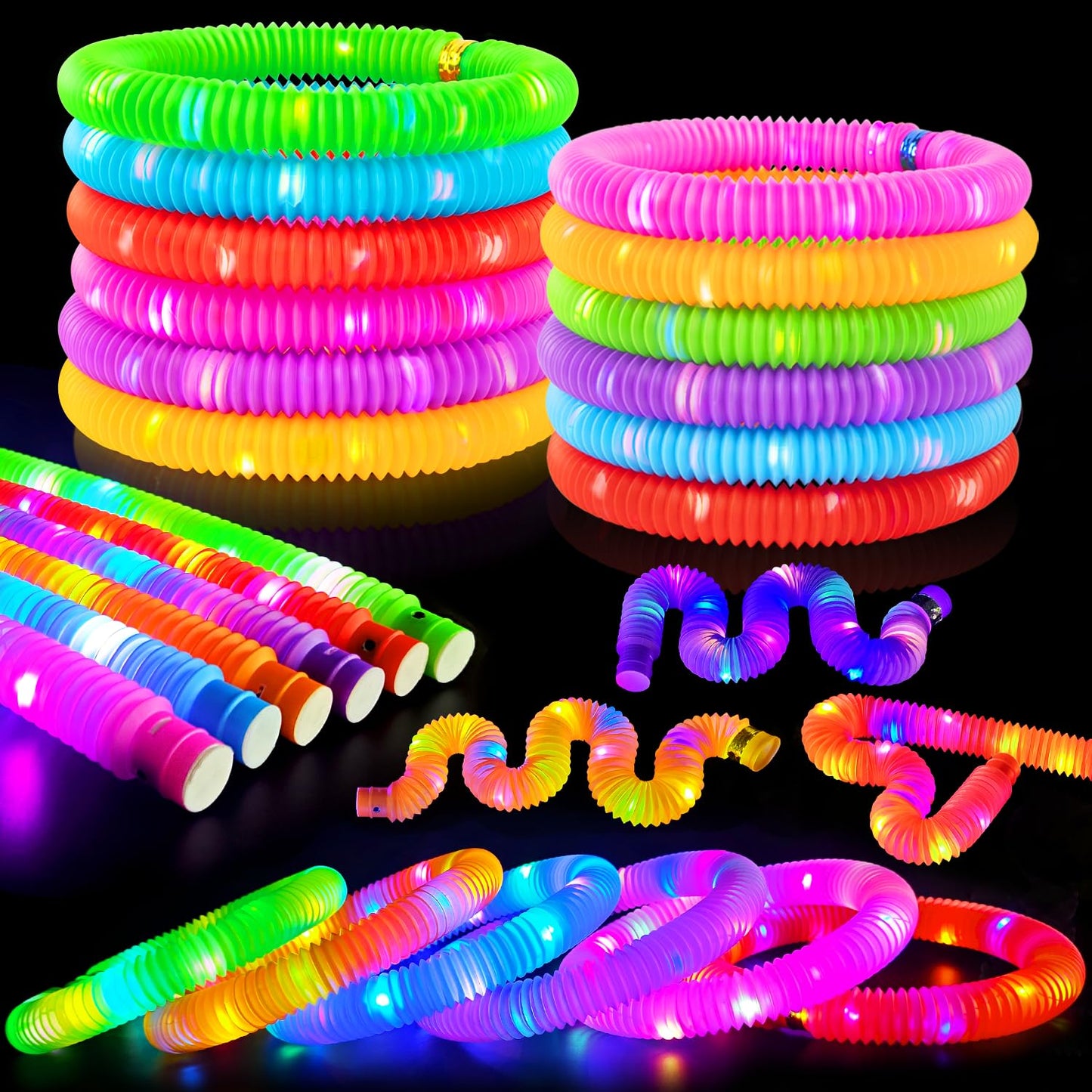 Glow Sticks Camping Essentials for Toddlers-6 PCS,Light Up Pop Tube Wand Toys Gifts for Kids,LED Bracelet Necklace Party Accessories,Fun Summer Outdoor Camp Games Activities Gear Stuff for Boys Girls