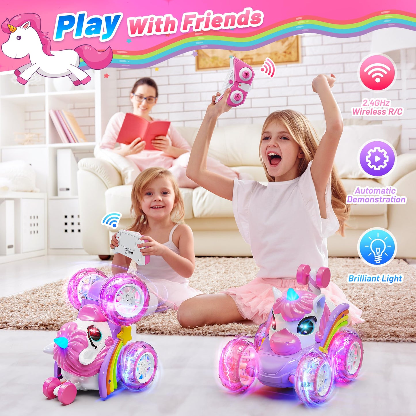Carsky Unicorn Remote Control Car for Girls,Rechargeable 360°Stunt RC Cars Rotation 4WD Remote Cars with LED Lights,Fun Indoor Outdoor Toys for Kids,Chritmas Birthday Gift for 3 4 5 6 Year Old Girl