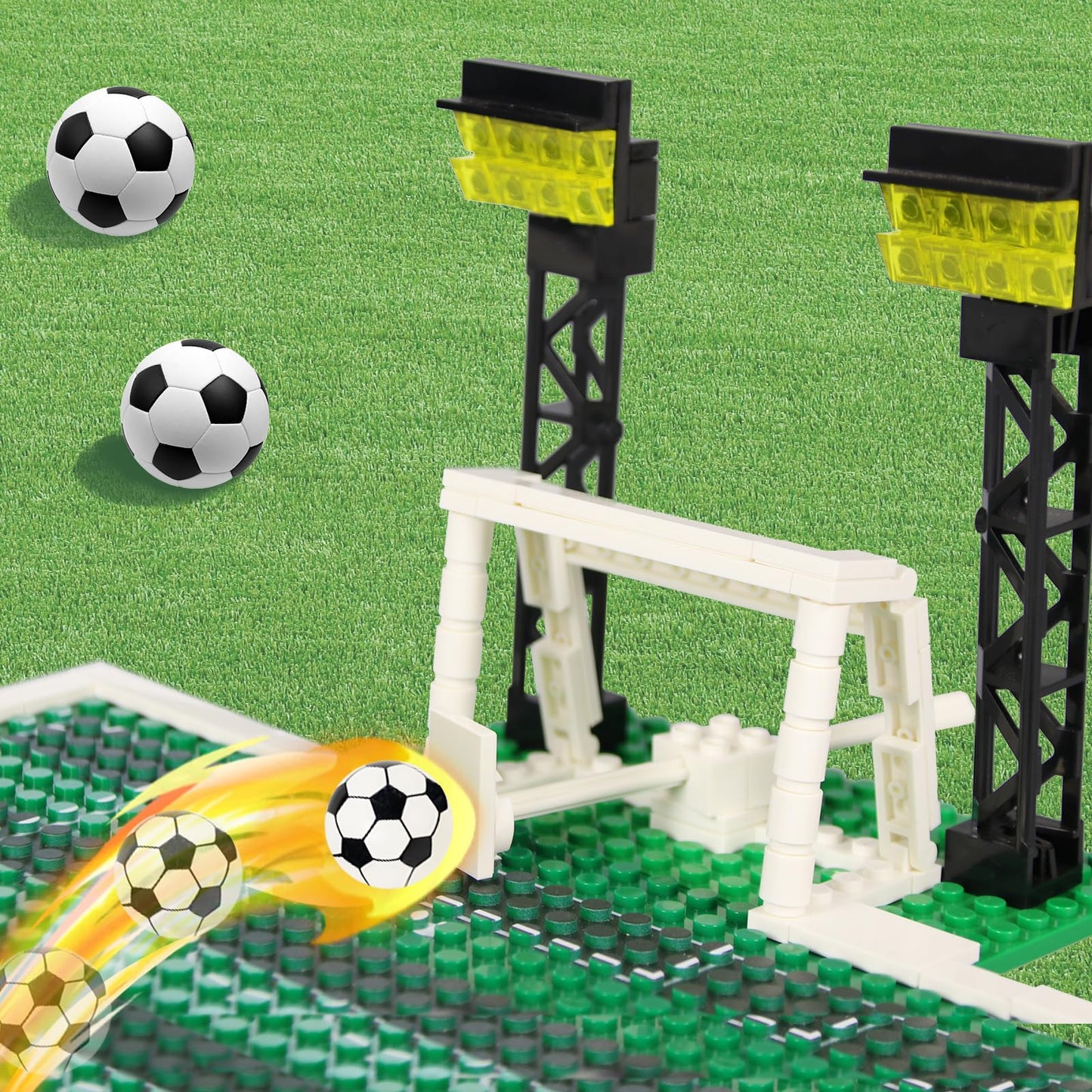 Cabeeskii Soccer Playset Building Blocks, Football Court Baseplate Brick with Football Goals, launchers Bricks, 2 Footballs, Soccer Building Bricks SetCompatible with Major Brands