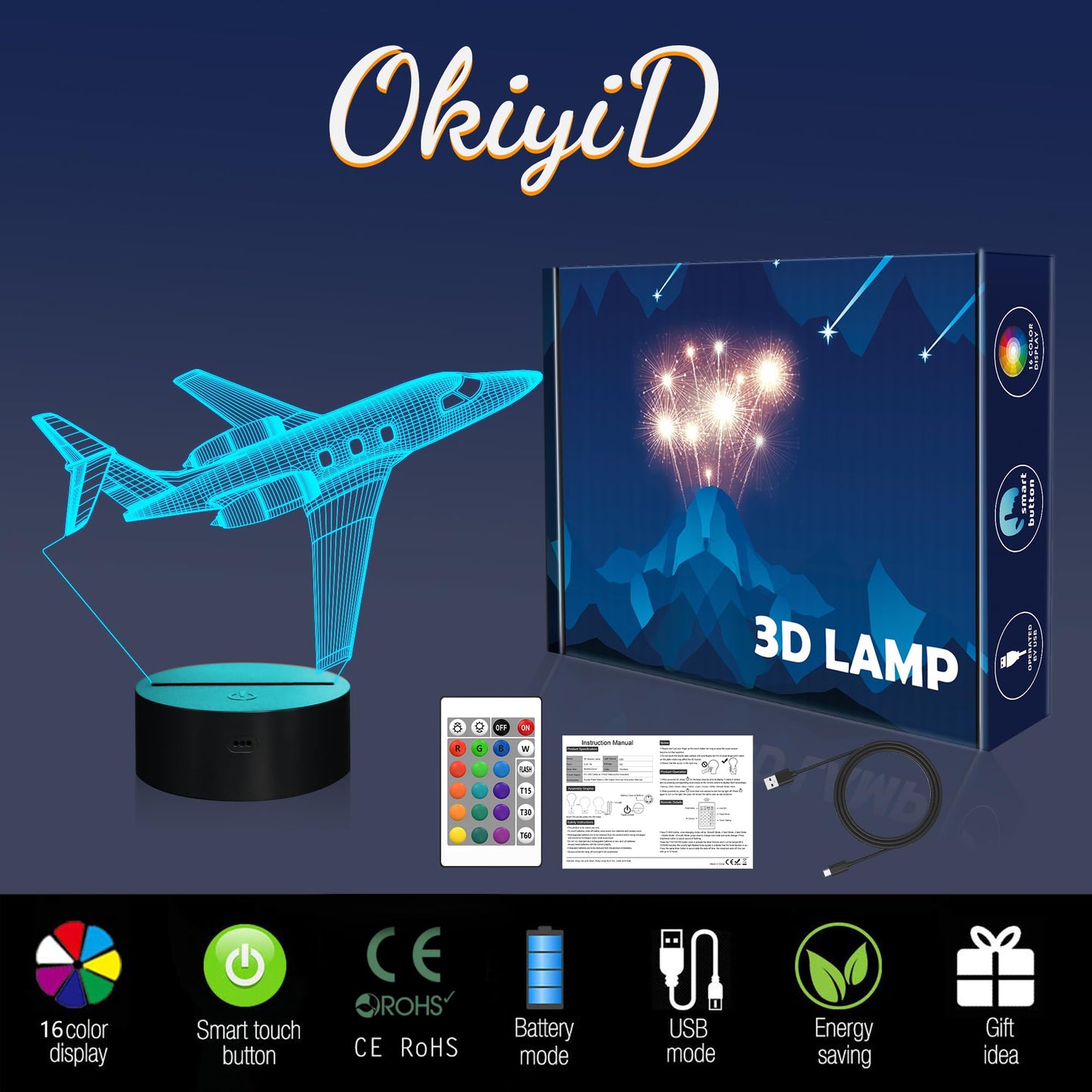OkiyiD Airplane Gifts for Boy, Men, Aircraft Night Light, Gulfstream 3D Illusion Lamp with Remote and Touch Control, Plane Decor for Men Boy Kids Room, Birthday Gifts