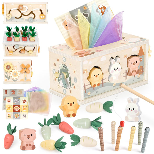 Joyreal 8-in-1 Montessori Tissue Box Toy for Baby 12 Months - Neutral Color Wooden Activity Cube for Boys and Girls First Birthday Gifts - Sensory Toy for Toddlers 1-3 Preschool Learning Education