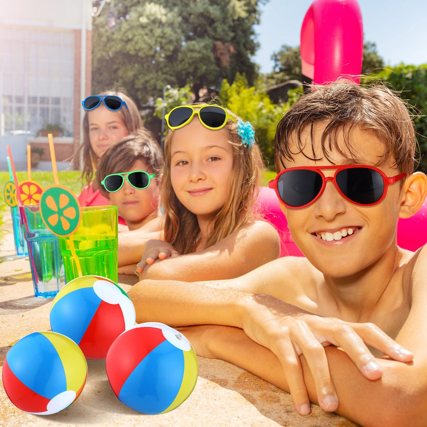 Tanlade 72 Pcs Bulk Beach Balls and Pool Games 36 10 Inch Inflatable Rainbow Beach Balls and 36 Sunglasses Bulk for Adults Party Supplies