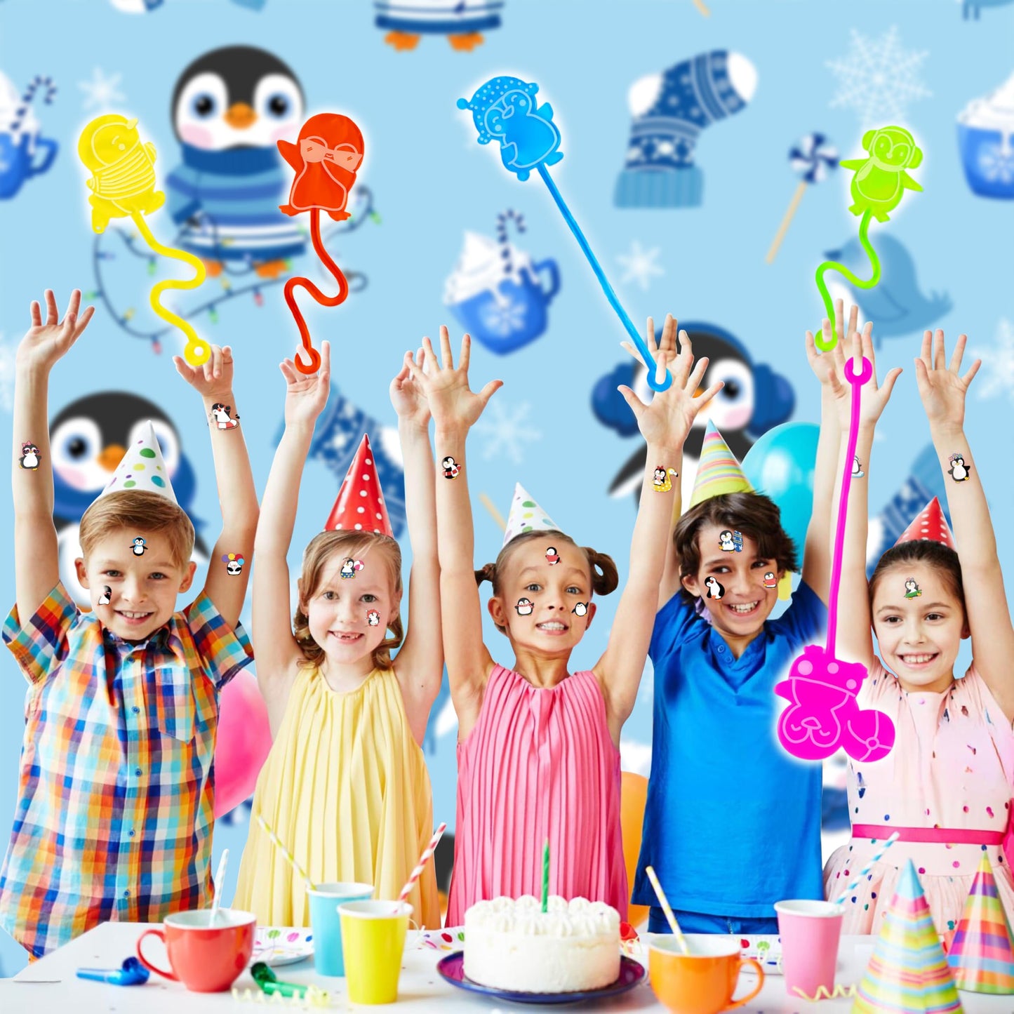 48PCS Penguin Party Favors - 24 Temporary Tattoos + 24 Stick Hands - Perfect Birthday Favors, Goodie Bag Stuffers, Treasure Box Toys, Classroom Prizes, and Student Gifts